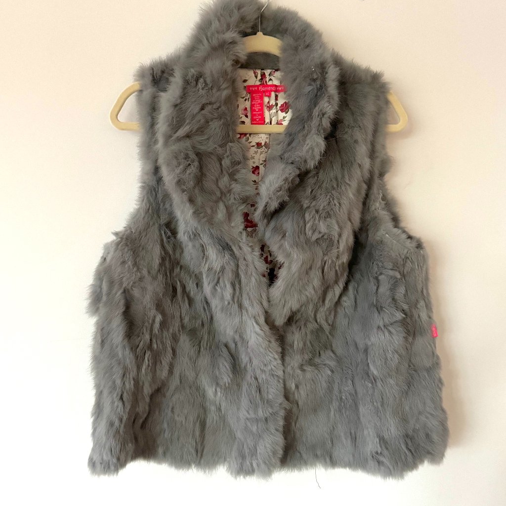 Flamenco Ultra Soft 100% Rabbit Fur Gray Vest With Floral Lining